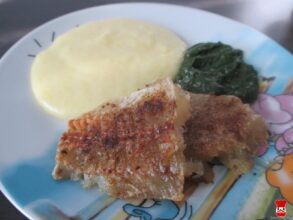 Treska na kmíne, dusený špenát a zemiaková kaša